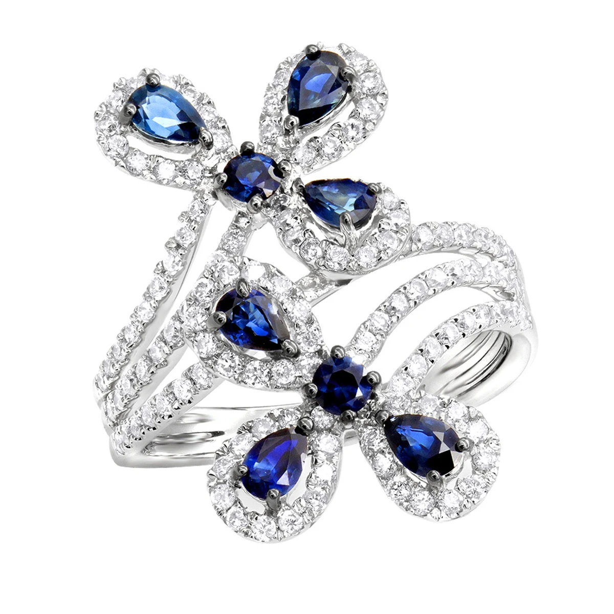 Pear Cut Sapphire And Diamond Flower Bloom Cocktail Ring For Women 14K White Gold 1 Pear Cut Sapphire And Diamond Flower Bloom Cocktail Ring For Women 14K White Gold