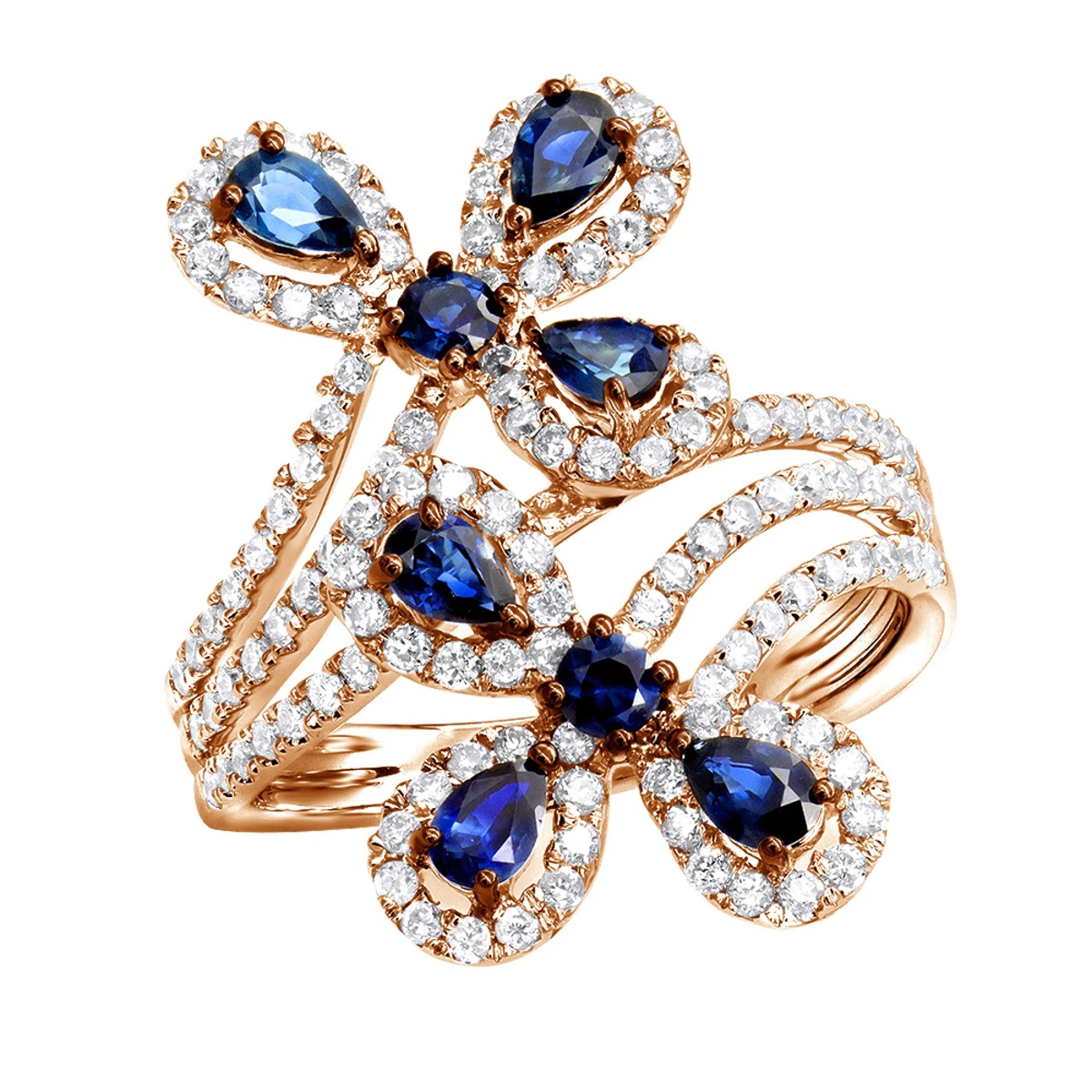 Pear Cut Sapphire And Diamond Flower Bloom Cocktail Ring For Women 14K White Gold 3 Pear Cut Sapphire And Diamond Flower Bloom Cocktail Ring For Women 14K White Gold - Image 3