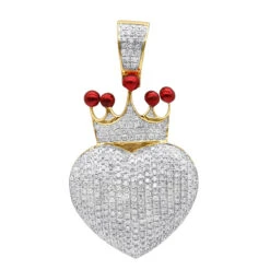 10K Yellow Gold Fully Iced Out Puffed Diamond Crown Heart Pendant 1 Carat