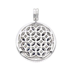 Royal Halo Round Shape Diamond Pendant For Women With Sapphires 14K White Gold -Urban Jewels Shop jewelry royal halo round shape diamond pendant for women with sapphires 14k gold backwh 1