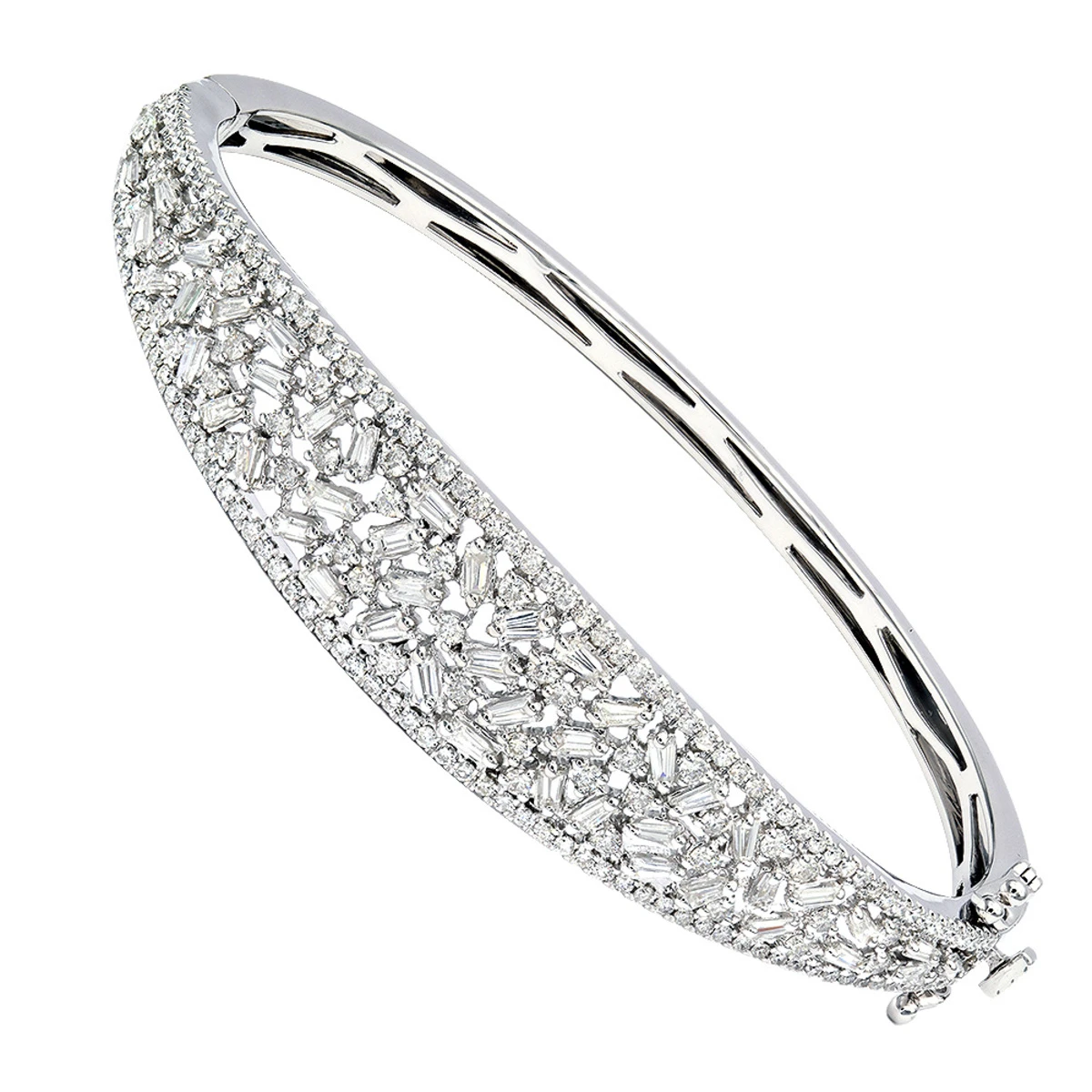 Unique 14K White Gold Baguette & Round Diamond Bangle Bracelet For Women 3 Carat 1 Unique 14K White Gold Baguette & Round Diamond Bangle Bracelet For Women 3 Carat