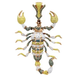 Unique Men's 14K White Gold White Blue Green Diamond Scorpion Pendant 9.5CTW -Urban Jewels Shop jewelry unique mens 14k gold white blue green diamond scorpion pendant 95ctw ro
