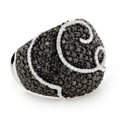 Ladies Black And White Diamond Cocktail Ring 3ct 18K White Gold