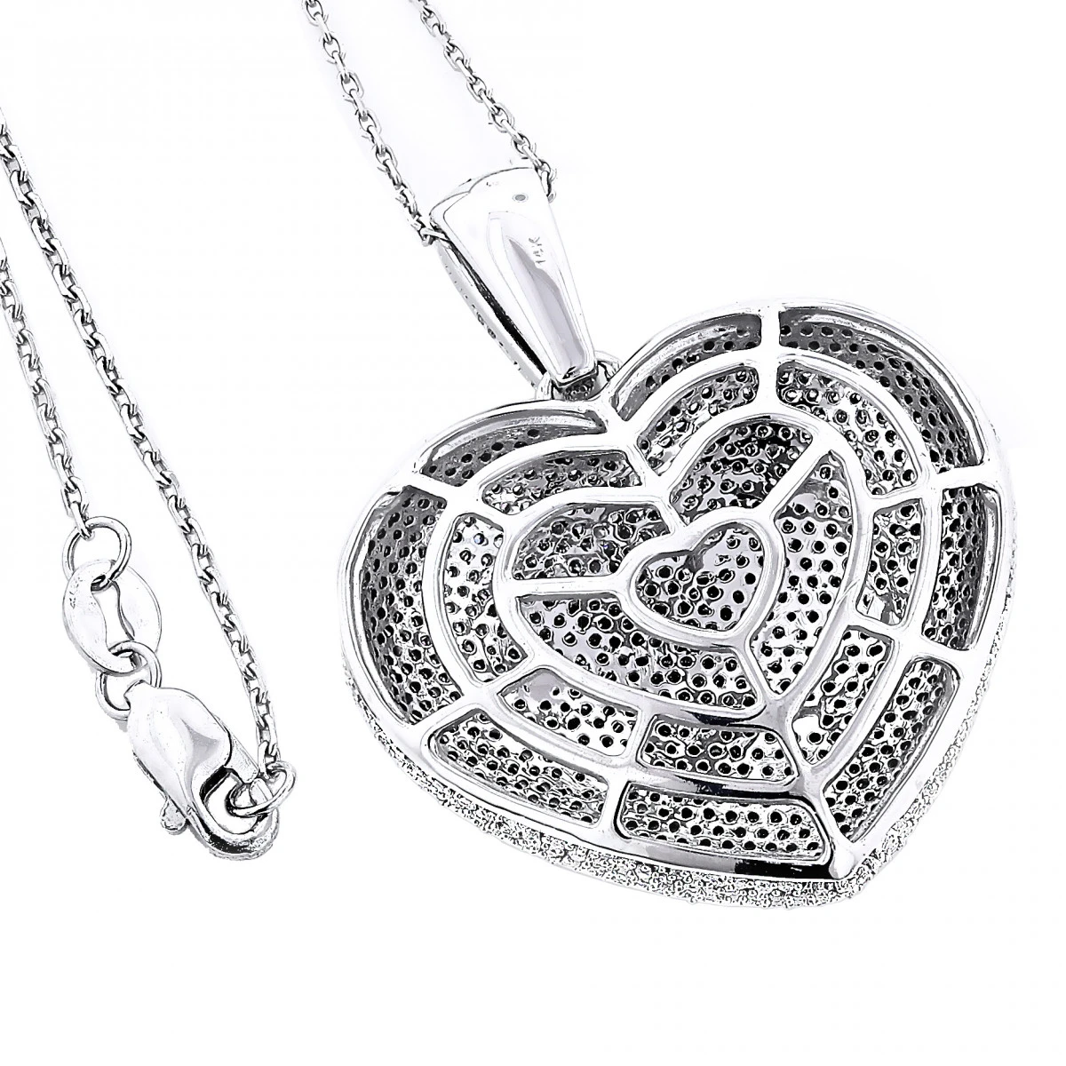 Large 14K White Gold Fully Paved Puffed Diamond Heart Pendant Necklace 2.75ct 4 Large 14K White Gold Fully Paved Puffed Diamond Heart Pendant Necklace 2.75ct - Image 4