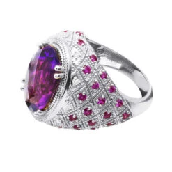Large Amethyst Cocktail Ring With Diamonds And Pink Sapphires 18K Yellow Gold -Urban Jewels Shop large amethyst cocktail ring with diamonds and pink sapphires 18k gold backwh