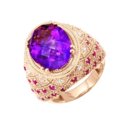 Large Amethyst Cocktail Ring With Diamonds And Pink Sapphires 18K Yellow Gold -Urban Jewels Shop large amethyst cocktail ring with diamonds and pink sapphires 18k gold ro
