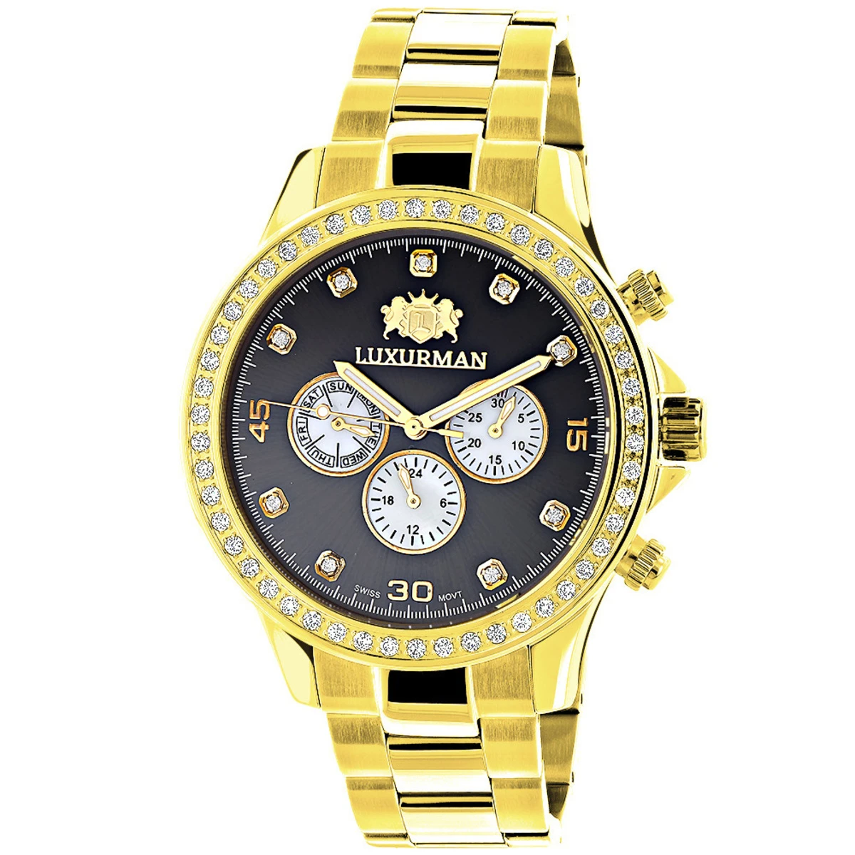 Large Diamond Bezel Watch By Luxurman 2ct Yellow Gold Tone Watch 1 Large Diamond Bezel Watch By Luxurman 2ct Yellow Gold Tone Watch