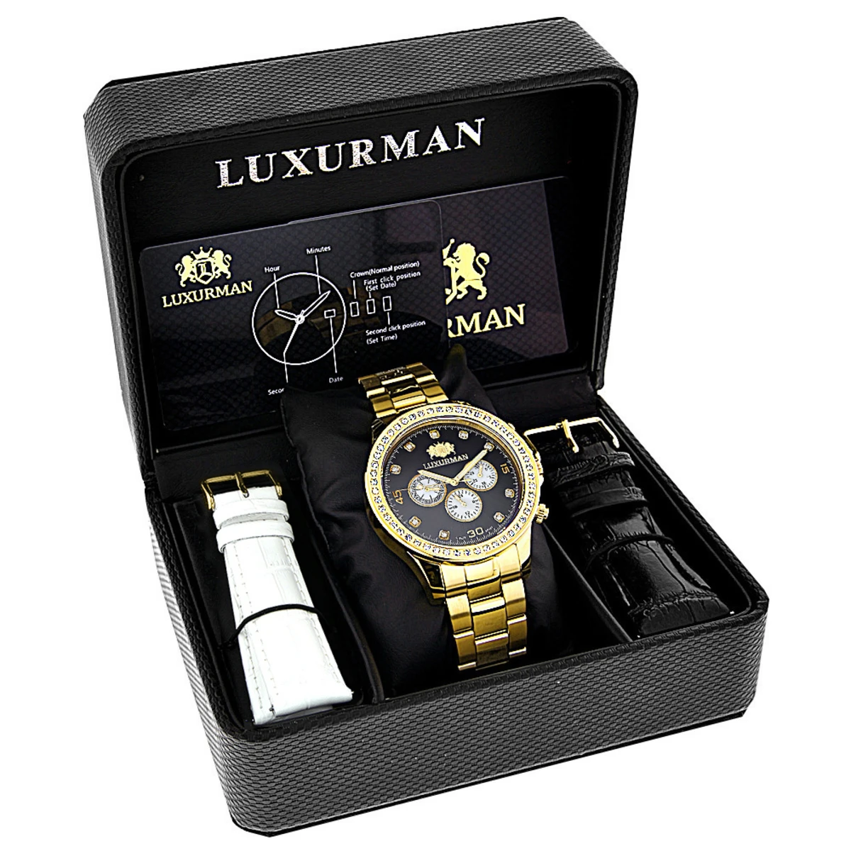 Large Diamond Bezel Watch By Luxurman 2ct Yellow Gold Tone Watch 4 Large Diamond Bezel Watch By Luxurman 2ct Yellow Gold Tone Watch - Image 4