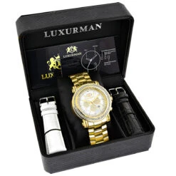 Large Diamond Bezel Watch For Men Yellow Gold Plated 2.5c Luxurman Escalade -Urban Jewels Shop large diamond bezel watch for men yellow gold plated 25c luxurman escalade box