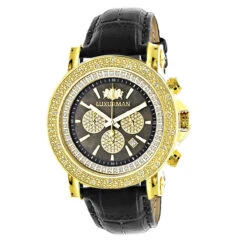 Large Luxurman Men's Watch With Diamonds 0.25ct Yellow Gold Plated Black MOP