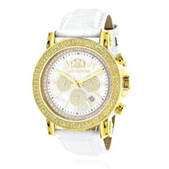 Large Luxurman Men's Watch 0.25ct Diamonds Yellow Gold Plated Escalade With Leather Bands
