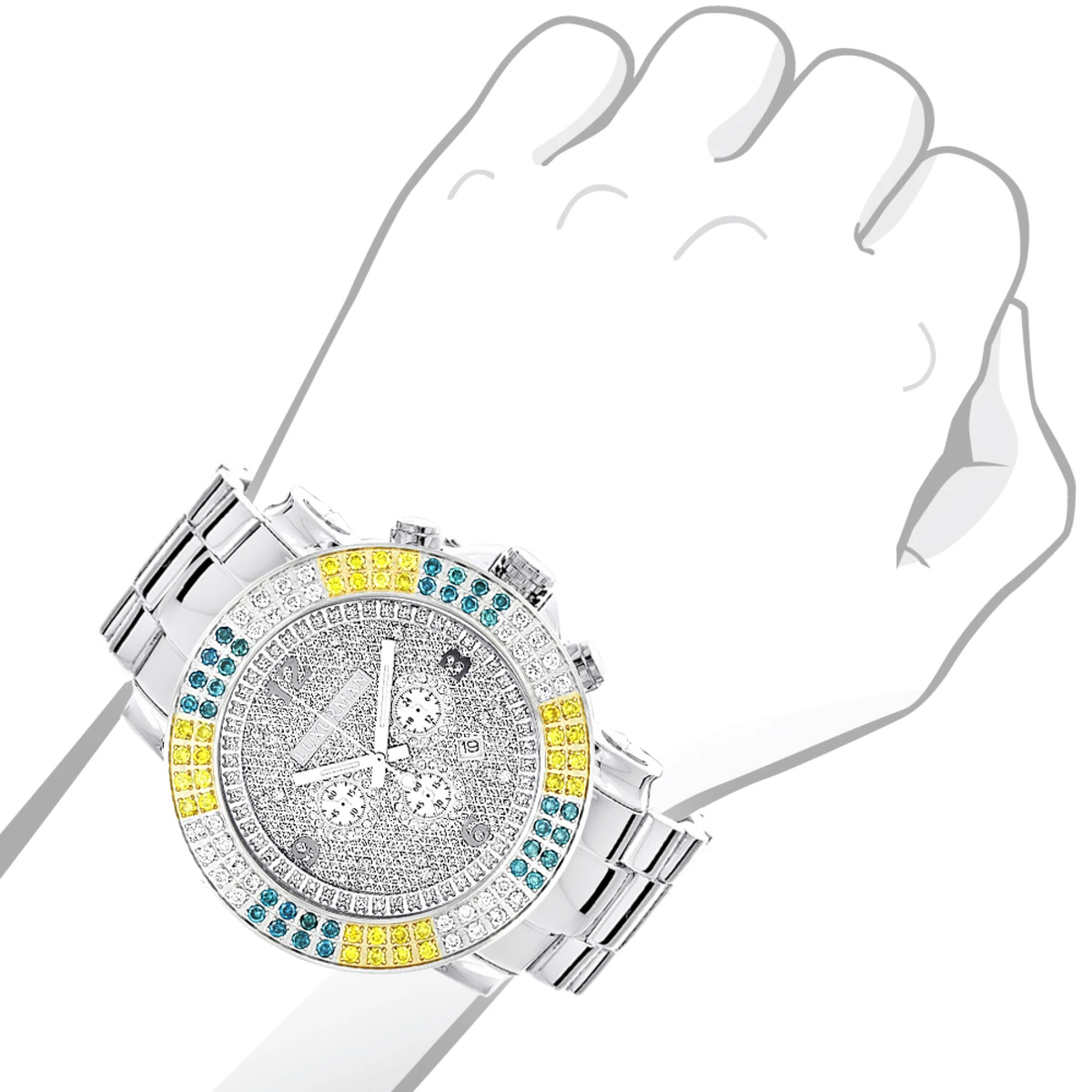 Large Men's Multicolor White Yellow Blue Diamond Watch 4ct Luxurman Escalade 3 Large Men's Multicolor White Yellow Blue Diamond Watch 4ct Luxurman Escalade - Image 3