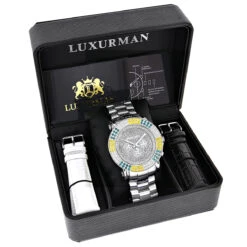 Large Men's Multicolor White Yellow Blue Diamond Watch 4ct Luxurman Escalade 8 Large Men's Multicolor White Yellow Blue Diamond Watch 4ct Luxurman Escalade -Urban Jewels Shop large mens multicolor white yellow blue diamond watch 4ct luxurman escalade box