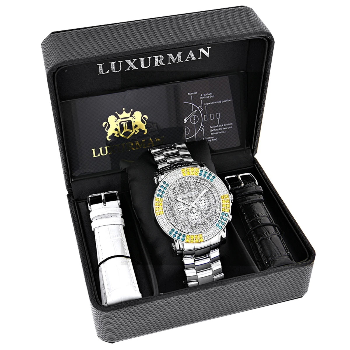 Large Men's Multicolor White Yellow Blue Diamond Watch 4ct Luxurman Escalade 4 Large Men's Multicolor White Yellow Blue Diamond Watch 4ct Luxurman Escalade - Image 4