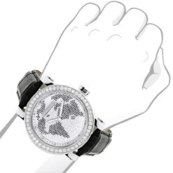 Luxurman Black&White Diamonds World Map Dial Watch With Black Leather Band -Urban Jewels Shop luxurman black white wordface vs diamond watch 45ct p 8273bod
