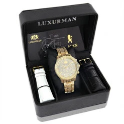 Luxurman Iced Out Men's Diamond Watch 3ct Yellow Gold Plated Liberty -Urban Jewels Shop luxurman iced out mens diamond watch 3ct yellow gold plated liberty box