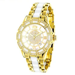 Luxurman Ladies Diamond Ceramic Watch 1.25ct White MOP Galaxy Yellow Gold