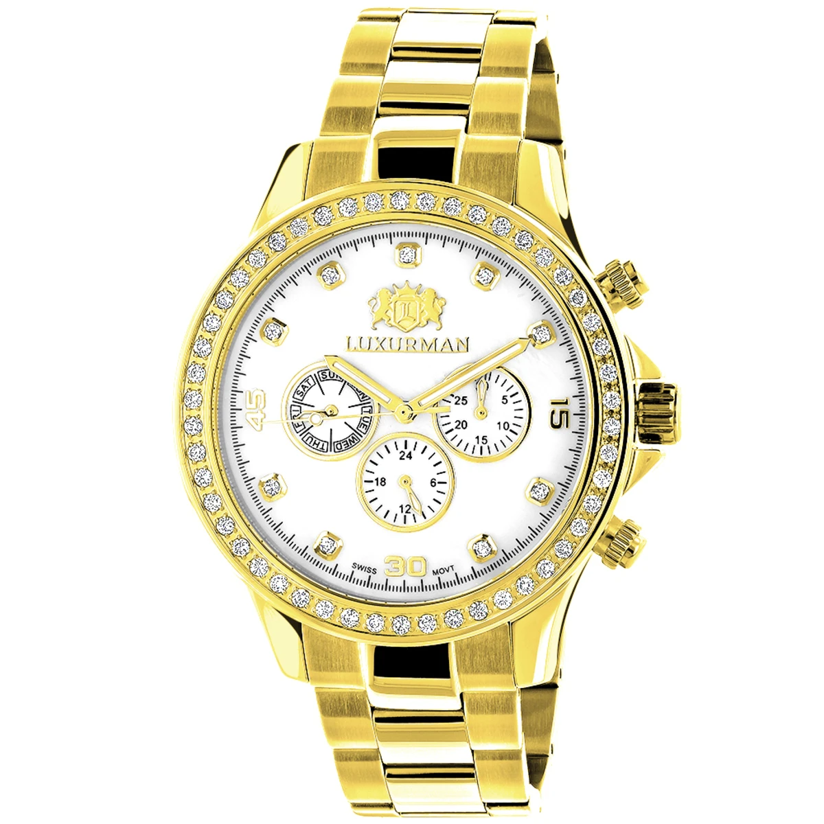 Luxurman Men's Diamond Liberty Watch 2ct Yellow Gold Plated White MOP 1 Luxurman Men's Diamond Liberty Watch 2ct Yellow Gold Plated White MOP