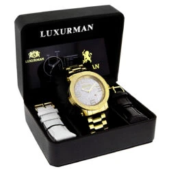 Luxurman Men's Yellow Gold Plated Encrusted Dial 0.12ct Diamond Bezel Watch -Urban Jewels Shop luxurman mens diamond watch 012ct yellow p 35219box