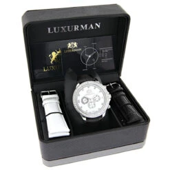 Matching His And Hers Luxurman Real Diamond Watch With Leather Band White MOP -Urban Jewels Shop matching his and hers luxurman real diamond watches leather band white mop box