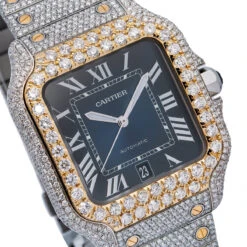 Iced-Out Cartier Santos De Cartier Watch For Men 17.95 CT 18K Gold Stainless Steel 40mm Dark Blue Dial -Urban Jewels Shop mens diamond watch cartier santos de cartier yellow gold 40 mm blue dial w01214 0E8A3027 2048x2048
