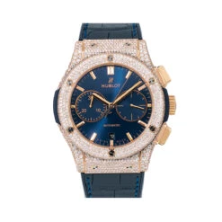 Men's Diamond Watch Hublot Classic Fusion 18K Gold 45mm Blue Dial