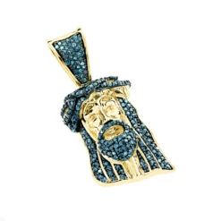 Mini Diamond Jesus Head Pendant 10K Yellow Gold 1/2 Carat Blue Diamonds