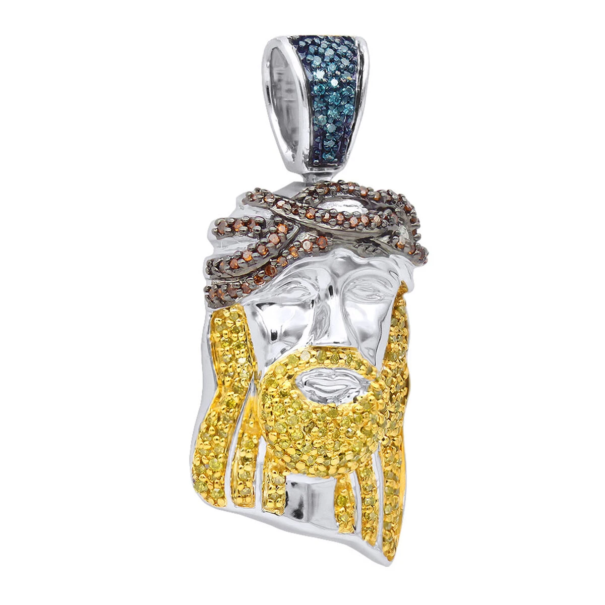 Unique Mini Jesus Pendant 10K White Gold 1/2 Ct Blue Red Yellow Diamonds 1 Unique Mini Jesus Pendant 10K White Gold 1/2 Ct Blue Red Yellow Diamonds