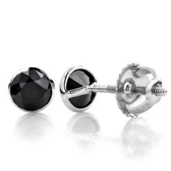 One Carat 14K White Gold Solitaire Black Round Diamond Bezel Stud Earrings