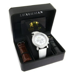 Oversized Men's Diamond Watch Leather Band W White Mop Luxurman Escalade -Urban Jewels Shop oversized mens diamond watch 025ct white mop luxurman escalade chronograph 2 box