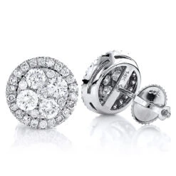 Pave Diamond Stud Cluster Earrings 1.46ct 14K White Gold