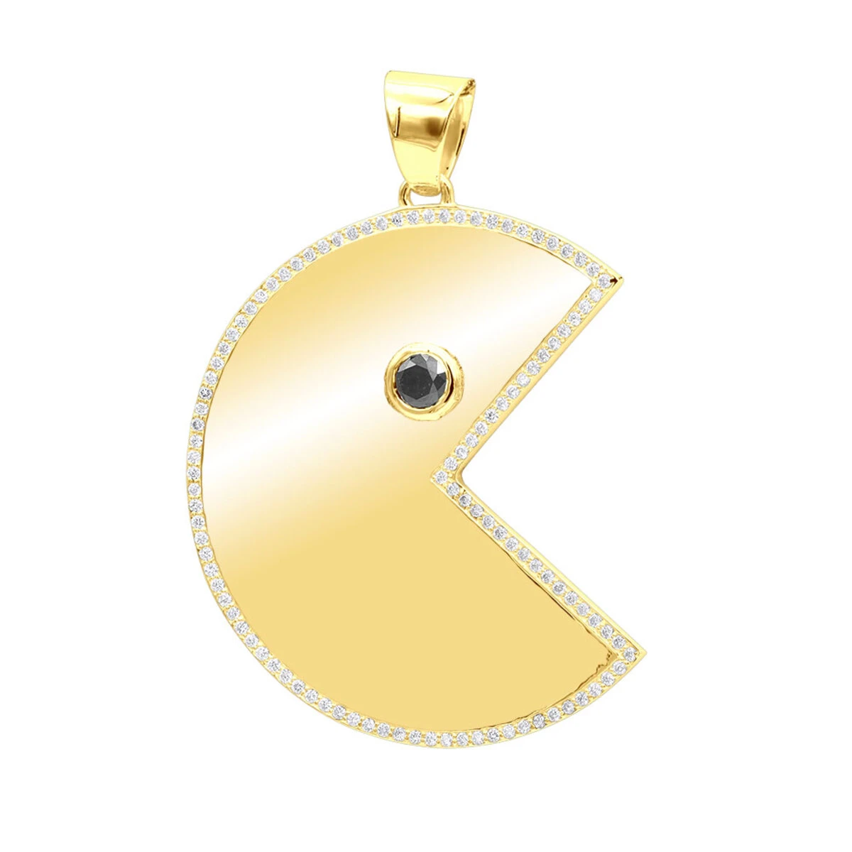 14K Yellow Gold Pacman 2 Carat White & Black Diamond Pendant For Men 1 14K Yellow Gold Pacman 2 Carat White & Black Diamond Pendant For Men