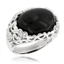 Right Hand Diamond Fashion Luxurman Onyx And Hearts Ring 14K White Gold
