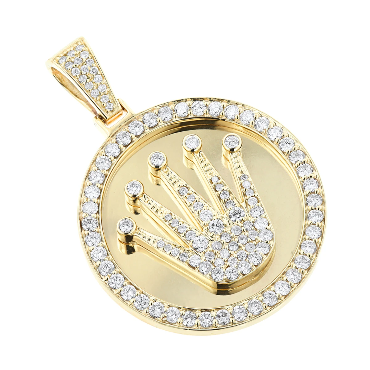 Rolex Style Diamond Pendant 3ct 10K Yellow Gold Crown Medallion 1 Rolex Style Diamond Pendant 3ct 10K Yellow Gold Crown Medallion