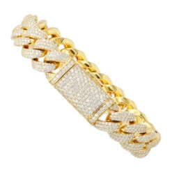Solid 14K Yellow Gold Miami Cuban Link Chain VS Diamond Bracelet For Men 16mm Wide