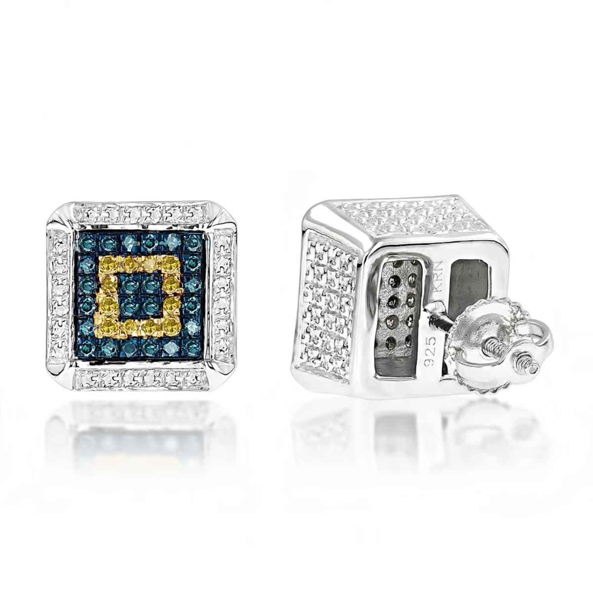 Square Sterling Silver Diamond Earrings Studs 0.35ct Yellow Blue Diamonds 1 Square Sterling Silver Diamond Earrings Studs 0.35ct Yellow Blue Diamonds