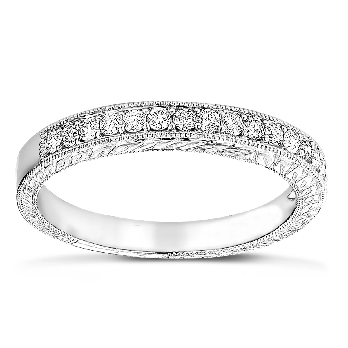 Thin 14K White Gold Diamond Wedding Band For Women Vintage Filigree Look 1/2ct 2 Thin 14K White Gold Diamond Wedding Band For Women Vintage Filigree Look 1/2ct - Image 2