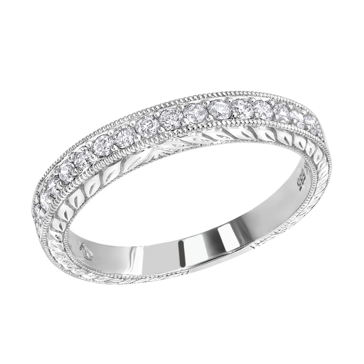 Thin 14K White Gold Diamond Wedding Band For Women Vintage Filigree Look 1/2ct 1 Thin 14K White Gold Diamond Wedding Band For Women Vintage Filigree Look 1/2ct