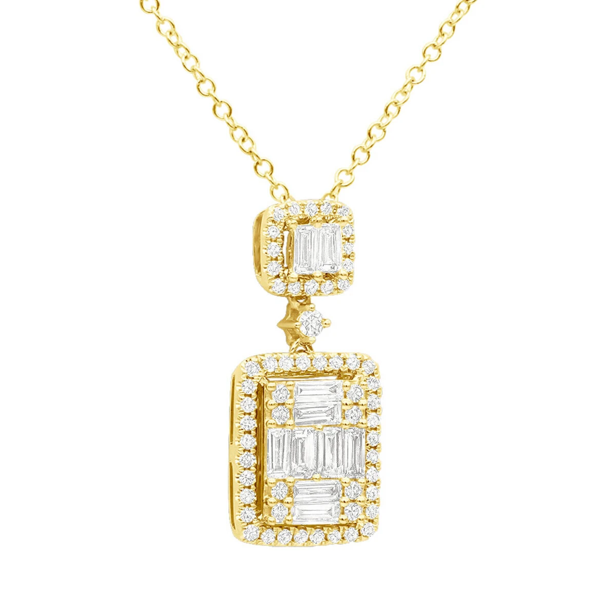 Unique 14K Yellow Gold 1 Carat Round And Baguette Diamond Pendant Necklace For Women 1 Unique 14K Yellow Gold 1 Carat Round And Baguette Diamond Pendant Necklace For Women