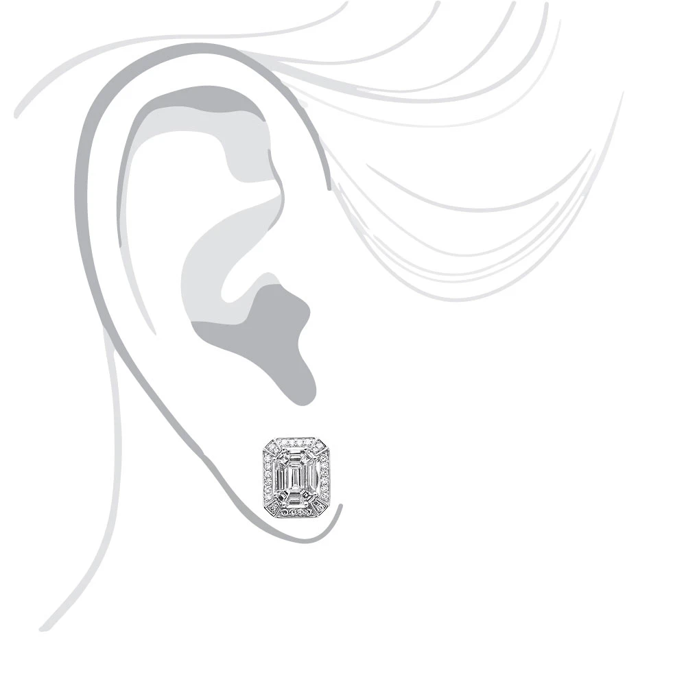 Unique 18K White Gold Emerald Cut Diamond Stud Earrings Halo Design 2.5ct 2 Unique 18K White Gold Emerald Cut Diamond Stud Earrings Halo Design 2.5ct - Image 2