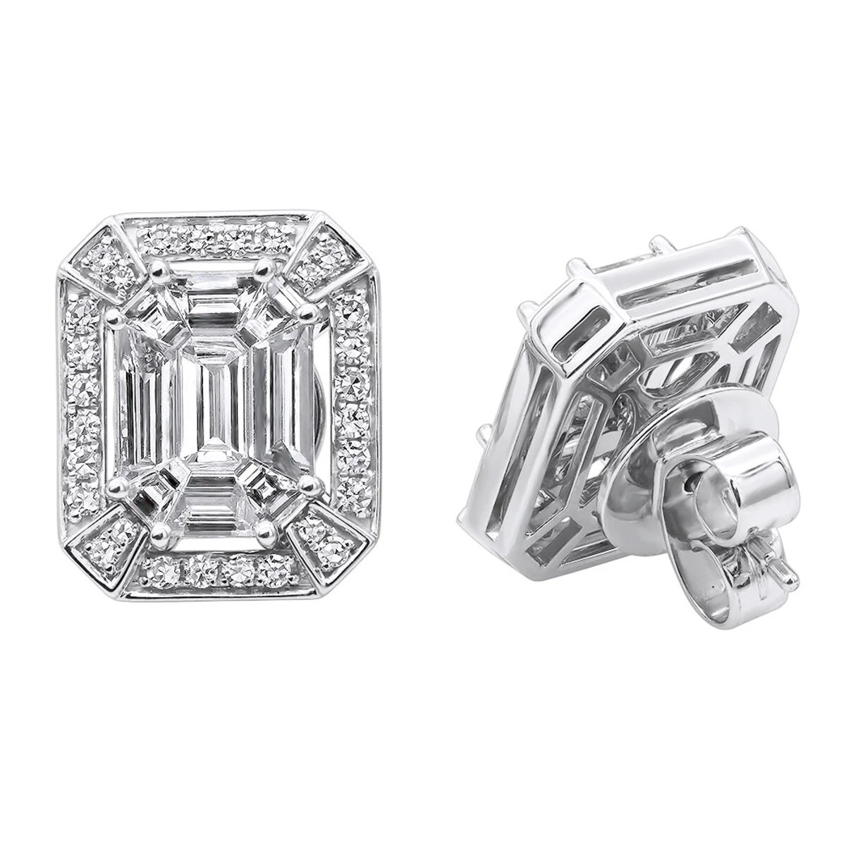 Unique 18K White Gold Emerald Cut Diamond Stud Earrings Halo Design 2.5ct 1 Unique 18K White Gold Emerald Cut Diamond Stud Earrings Halo Design 2.5ct
