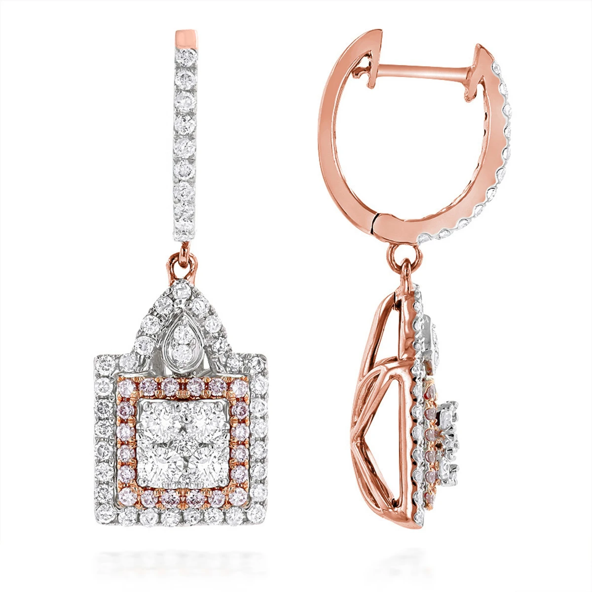 Unique Designer White And Pink Diamond Earrings For Women 14K Gold 1.75ct 3 Unique Designer White And Pink Diamond Earrings For Women 14K Gold 1.75ct - Image 3