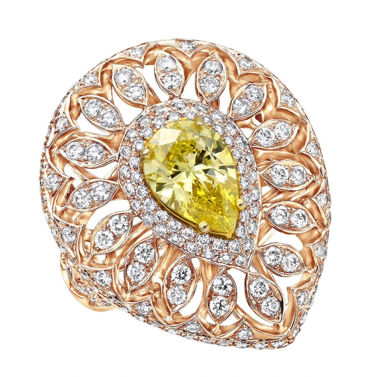 Unique 18K White Gold White & Pear Yellow Diamond Cocktail Ring For Women 3 Unique 18K White Gold White & Pear Yellow Diamond Cocktail Ring For Women - Image 3