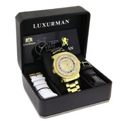 Unique Large Men's Diamond Watch 18k Yellow Gold Plated By Luxurman 0.12ct -Urban Jewels Shop unique large mens diamond watch 18k yellow gold plated by luxurman 012ct box