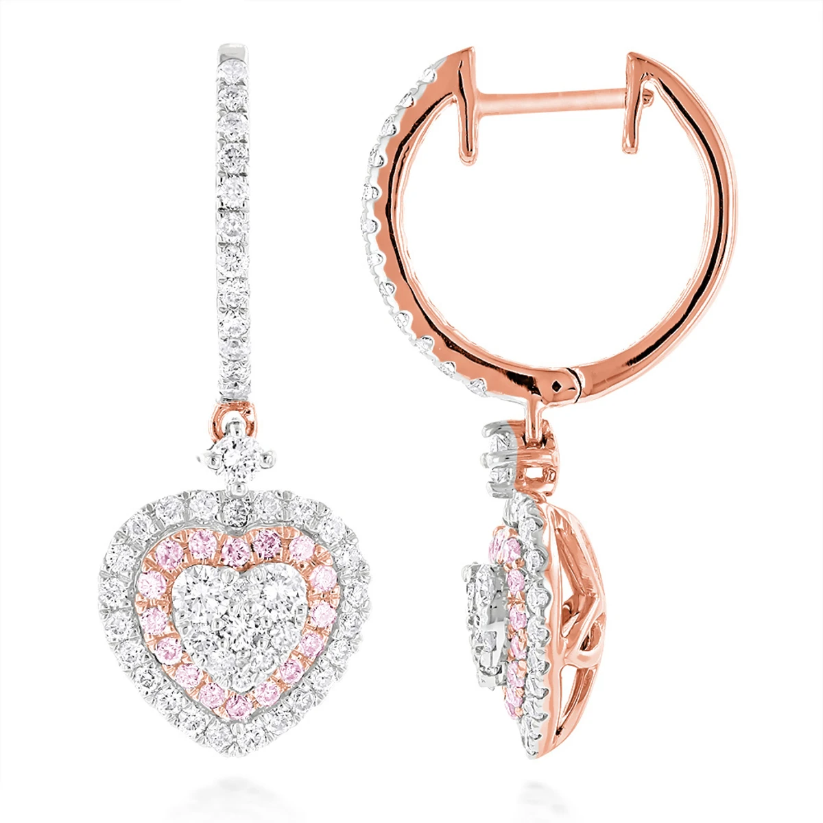Unique Luxurman Drop Earrings White & Pink Diamond Heart Earrings 14K White Gold 3 Unique Luxurman Drop Earrings White & Pink Diamond Heart Earrings 14K White Gold - Image 3