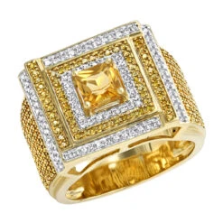 Unique White And Yellow Diamond Men's Ring 1.2ct 10K Yellow Gold