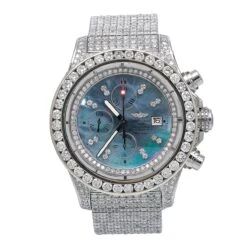 48mm Iced Out Diamond Breitling Super Avenger Watch For Men Blue MOP 24.85c