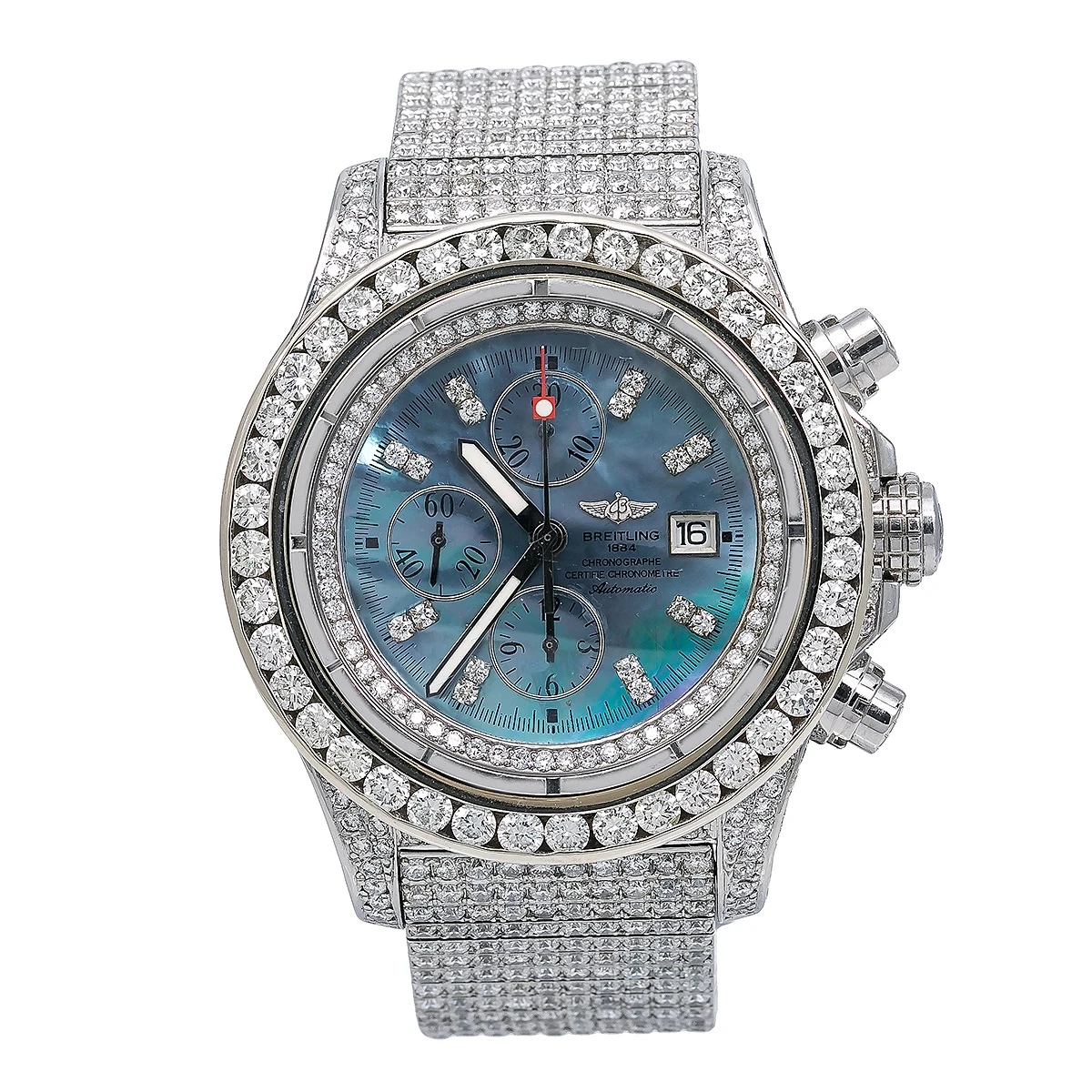 48mm Iced Out Diamond Breitling Super Avenger Watch For Men Blue MOP 24.85c 1 48mm Iced Out Diamond Breitling Super Avenger Watch For Men Blue MOP 24.85c