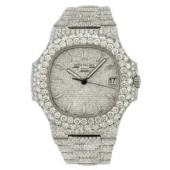 Fully Iced Out Patek Philippe Nautilus Real Diamond Watch For Men 40mm 31.5ct