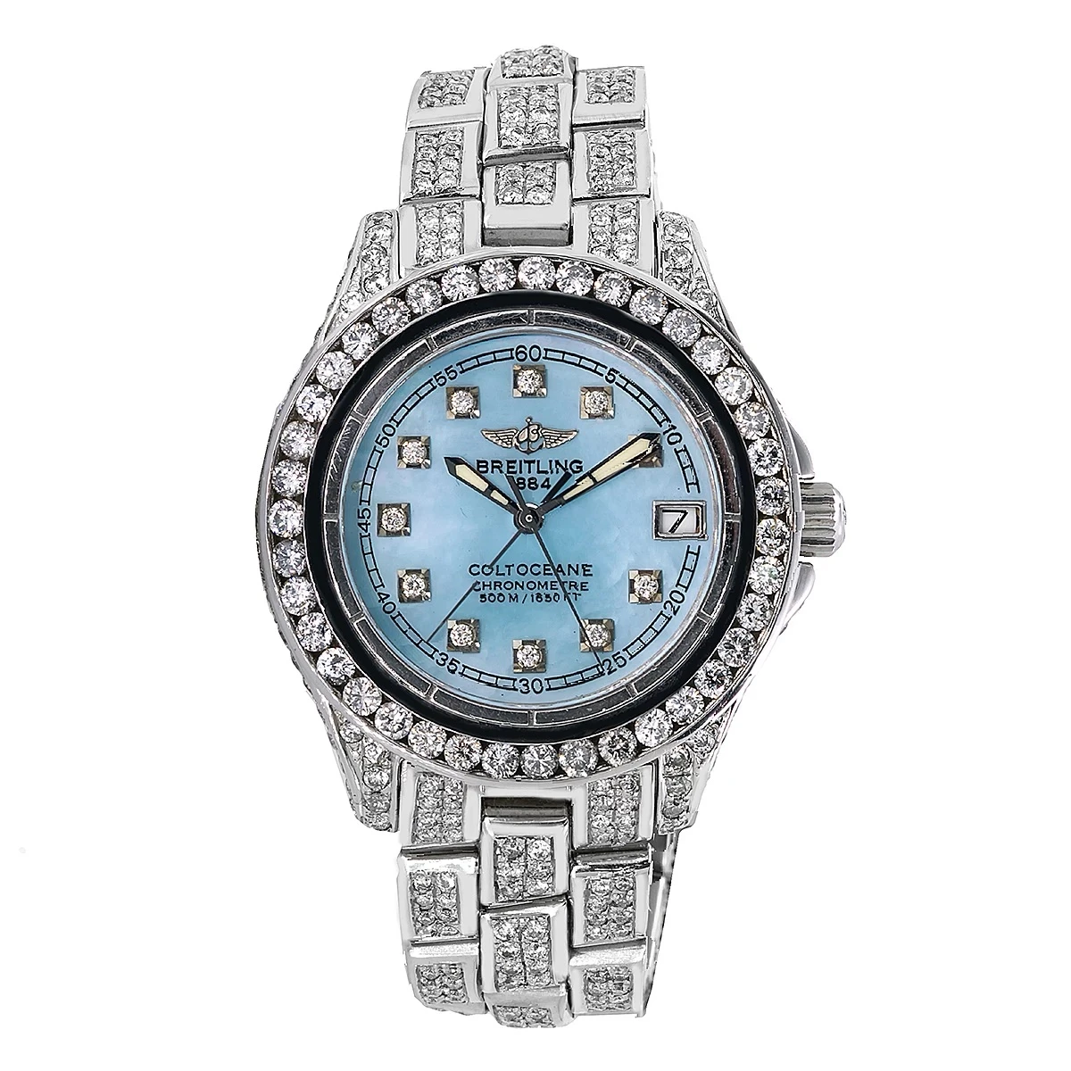 Iced Out Breitling Diamond Women's 33mm Watch A57350 Colt Oceane Blue MOP Dial 8ct 1 Iced Out Breitling Diamond Women's 33mm Watch A57350 Colt Oceane Blue MOP Dial 8ct